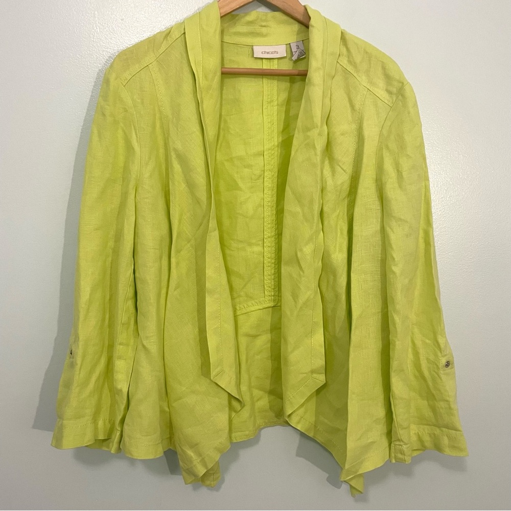 Chico's Green and Yellow Blazer with Waterfall Front